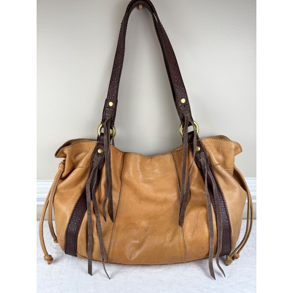 Y2K Lucky Brand Leather Hobo Shoulder Bag Tan Brown Fringe Tassels Boho Western